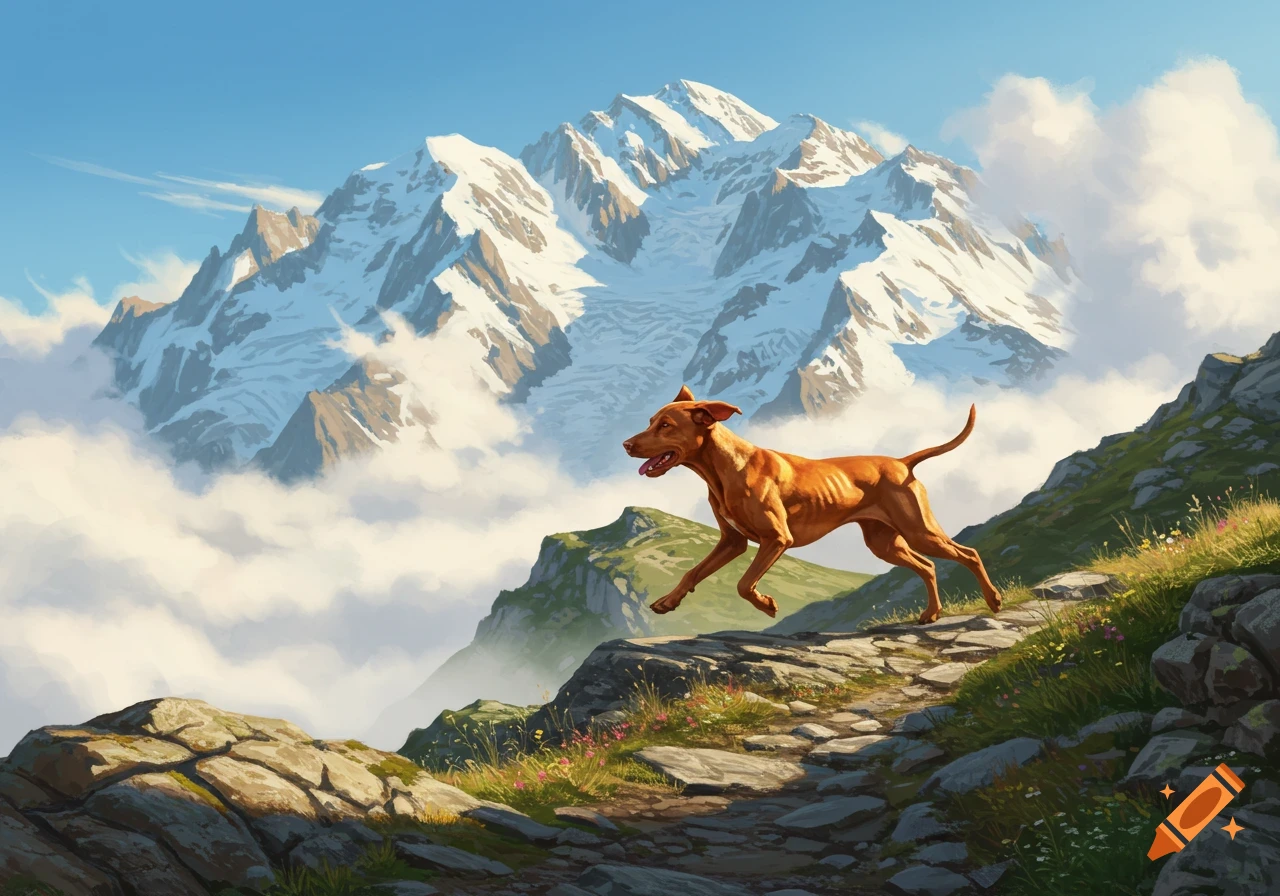 A brown Hungarian Viszla runs on a rocky mountain path, with snow-capped peaks and clouds in the background, rendered in a painted style.