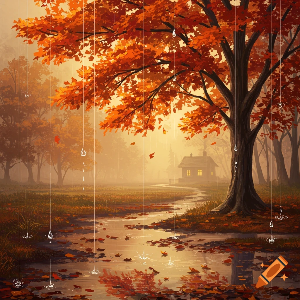 An autumn landscape with a large tree featuring orange leaves, falling rain, a path, and a small illuminated house.