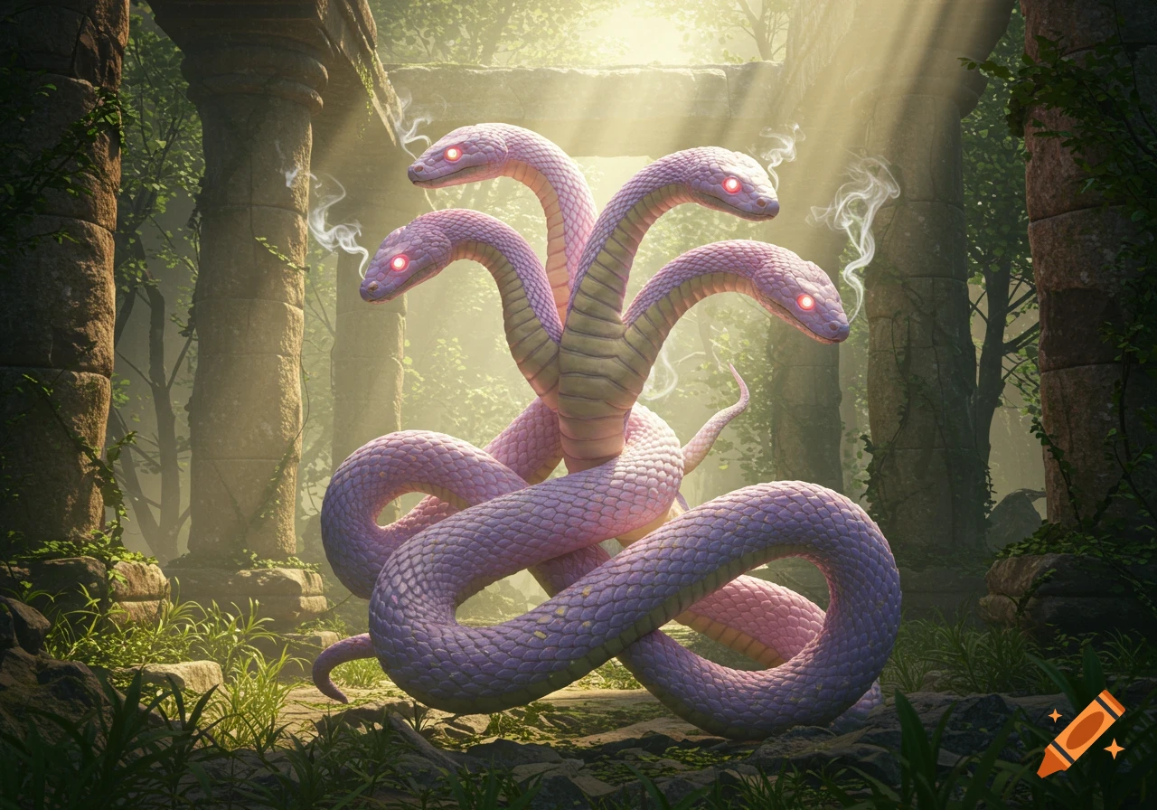 A five-headed light purple snake with glowing red eyes coiled among mossy ancient ruins in a sunlit forest.