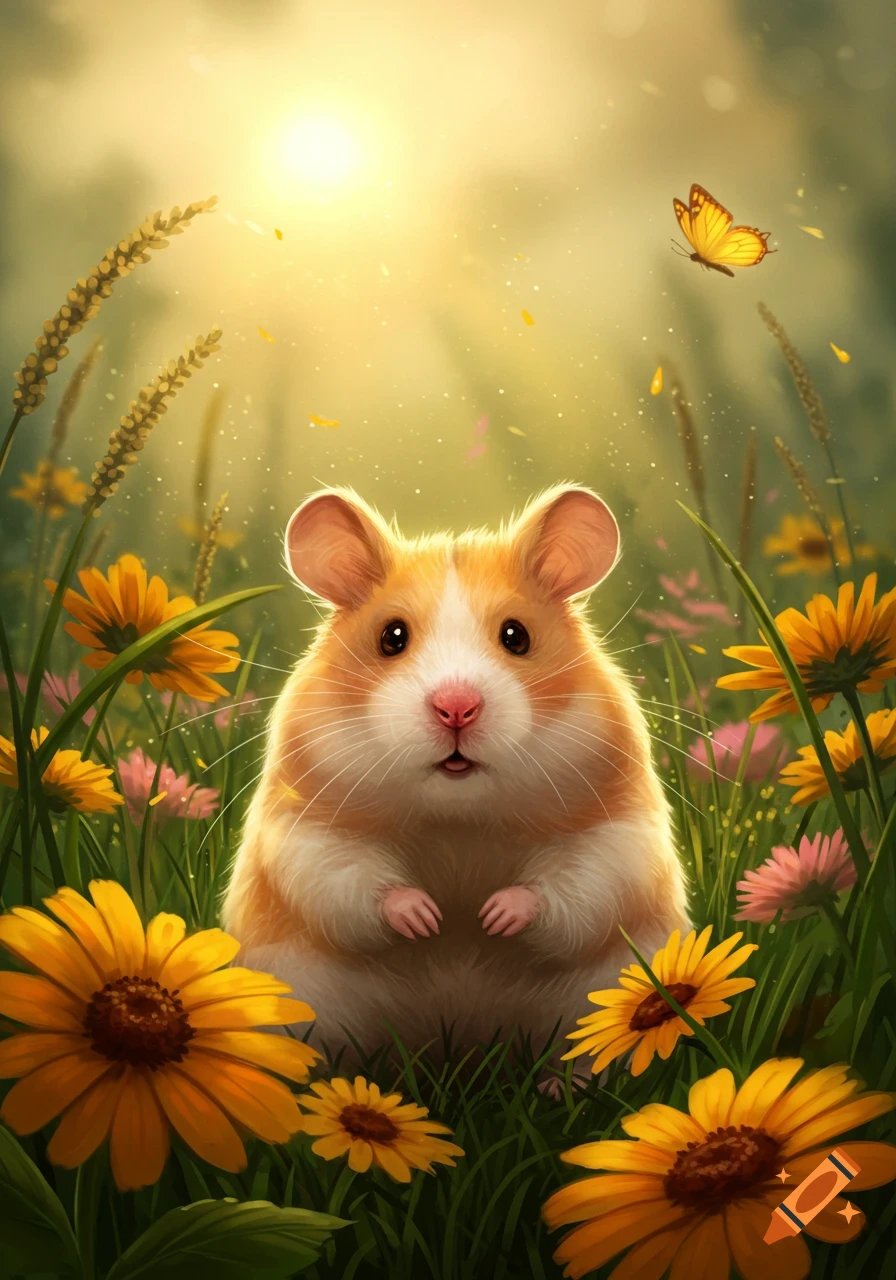 A fluffy orange and white hamster sits among yellow and pink flowers in a sunny field, with a butterfly flying in the background.