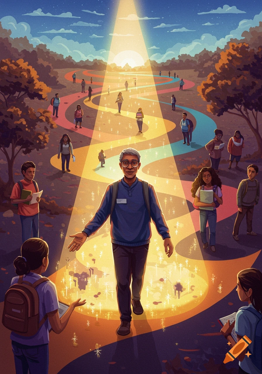 A diverse group of students and a male mentor on a winding, colorful path under a bright sky, symbolizing an educational journey.