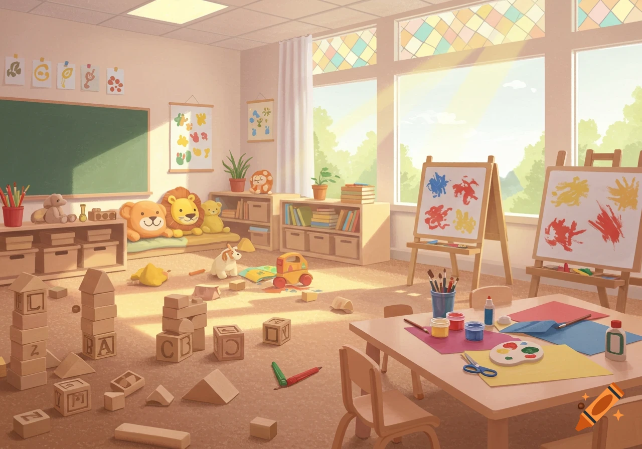 Bright, sunlit children's classroom or playroom with wooden blocks, stuffed animals, art easels, and a table with art supplies.