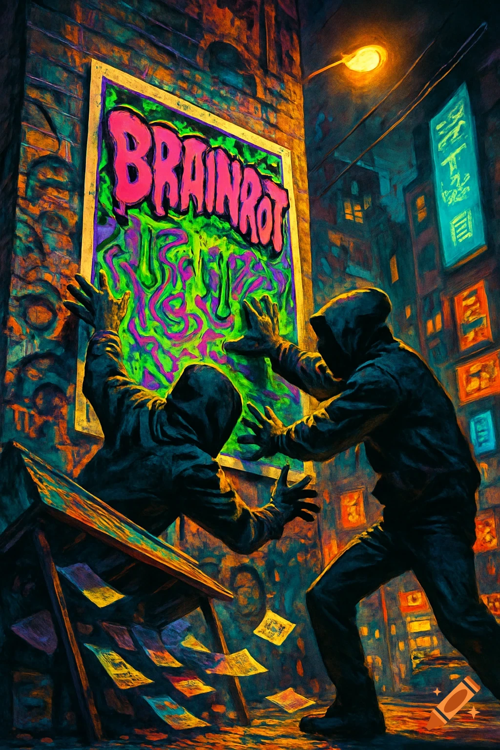 Two hooded figures in a dark, neon-lit urban alley reaching for a poster displaying 'BRAINROT' text with glowing green and purple goo, in a stylized art style.