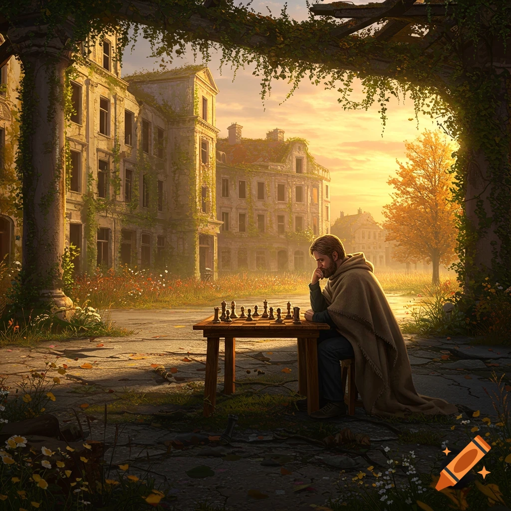 A man plays chess at a wooden table amidst the ruins of an overgrown city at sunset, with crumbling buildings and lush foliage.