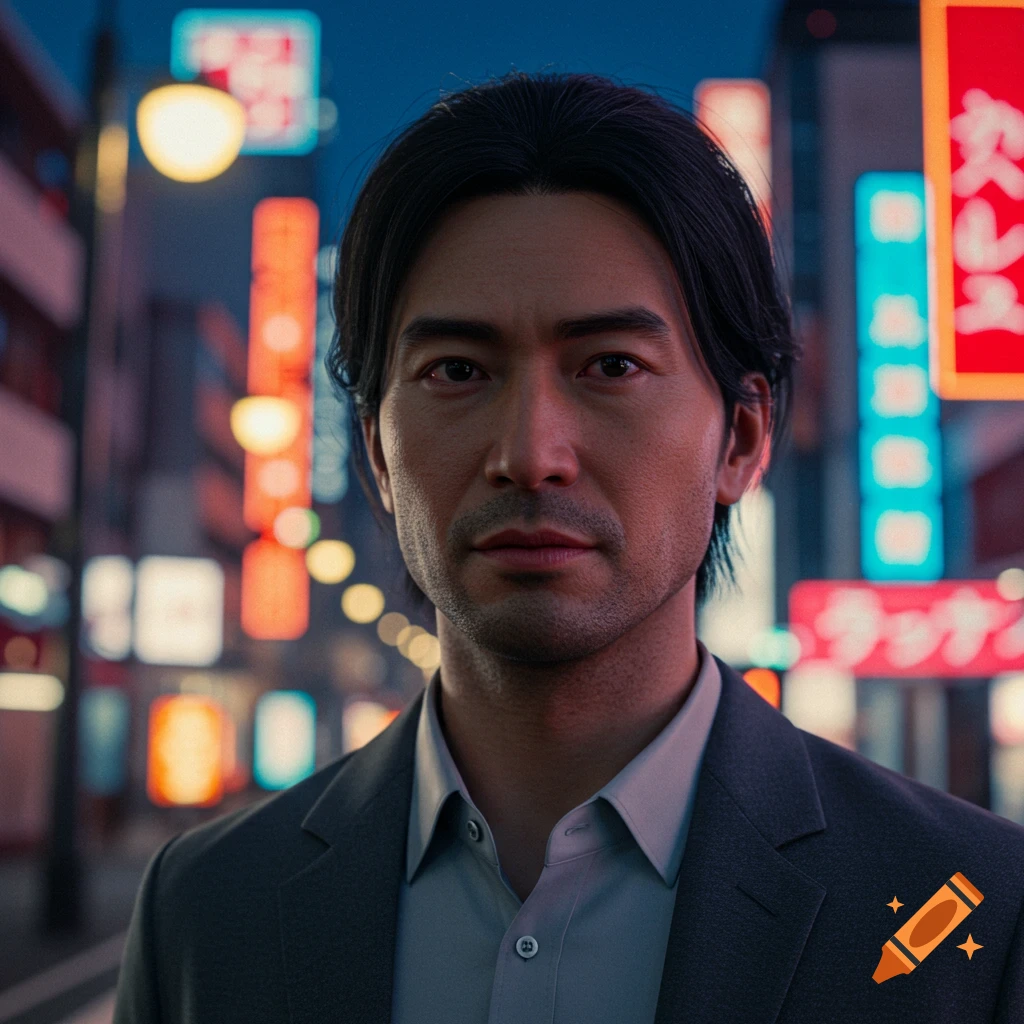 A realistic portrait of a man with dark hair in a suit, standing in a city at night with blurred neon signs.