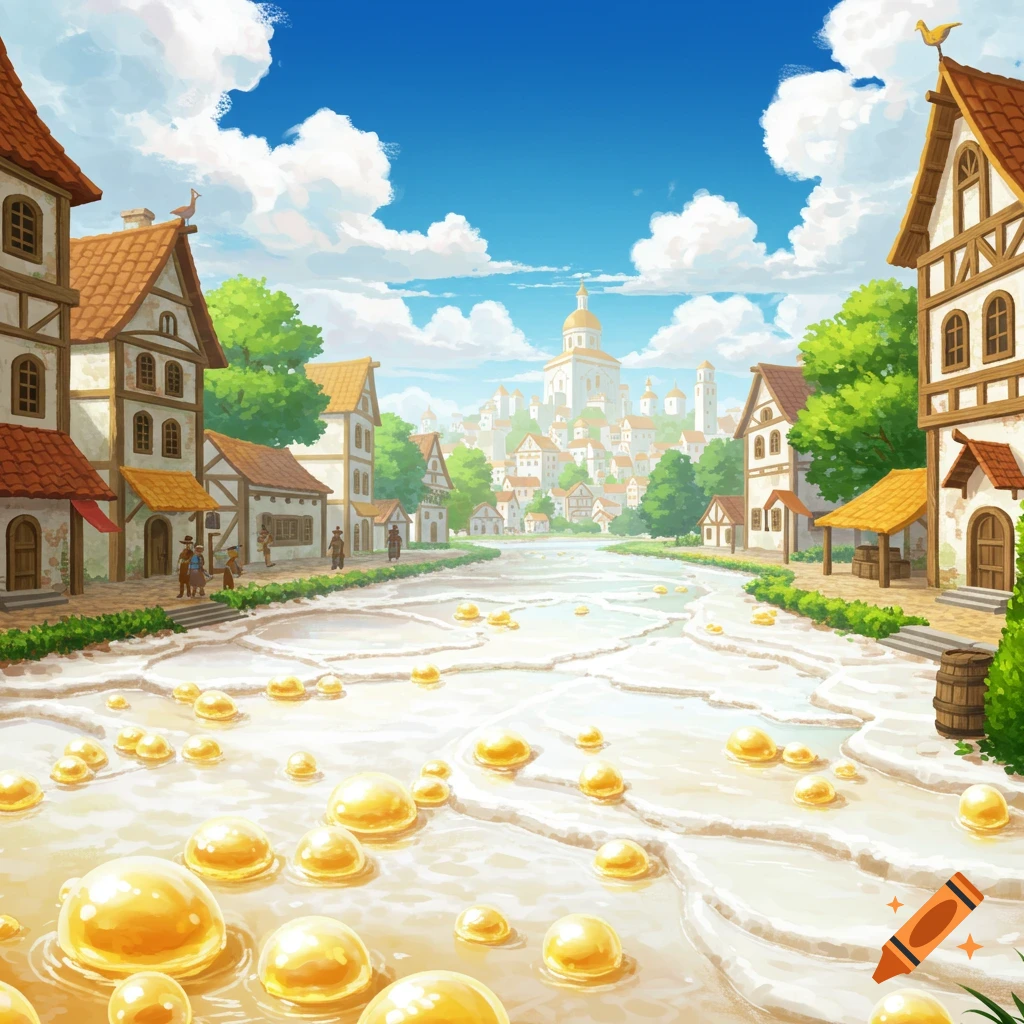 An enchanted village with light-colored houses and wooden trim, alongside a river of white milk and glowing golden honey pearls under a blue sky, in an anime style.