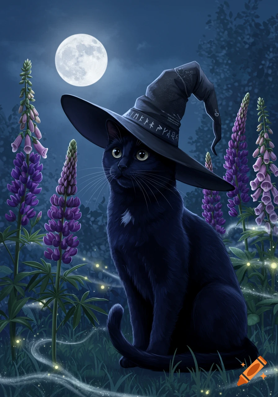 A black cat wearing a witch hat sits in a moonlit field with purple flowers and glowing fireflies.