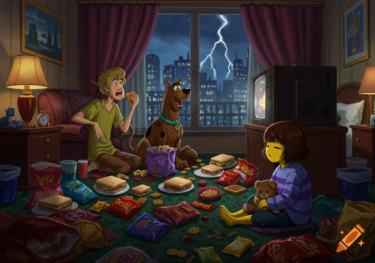 Cartoon Shaggy, Scooby-Doo, and Frisk with a teddy bear eating snacks in a hotel room while a lightning storm illuminates the city outside the window.