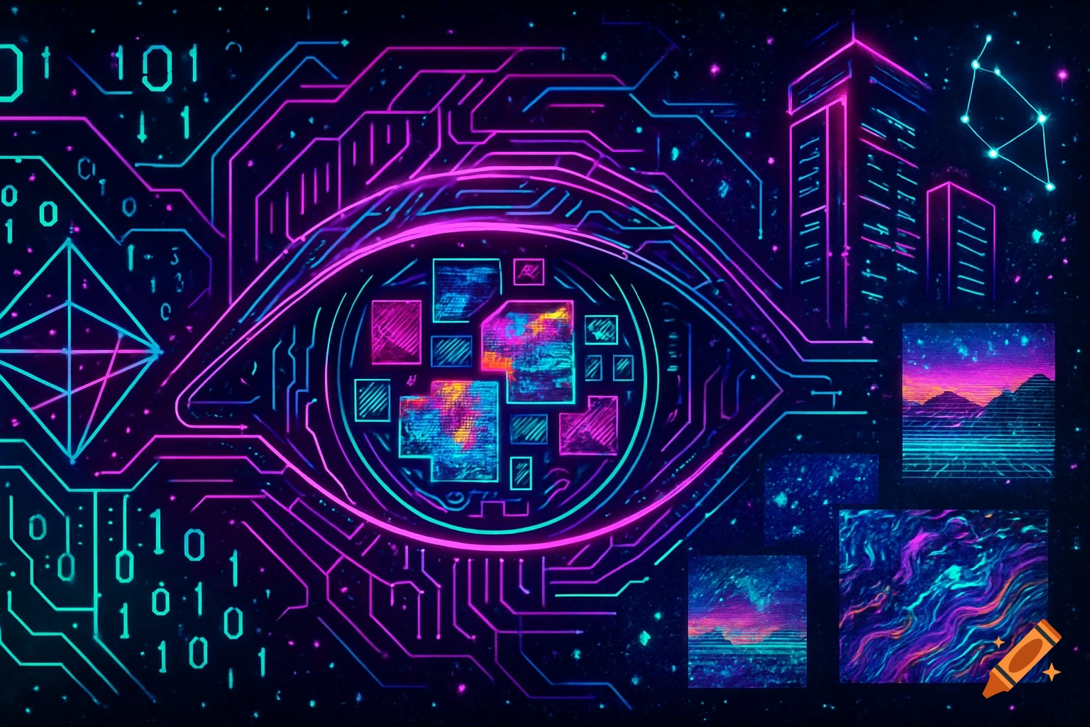 A neon cyberpunk-style image with a large eye made of circuits, binary code, city skyscrapers, and small abstract landscape windows, all in glowing blues, pinks, and purples on a dark background.