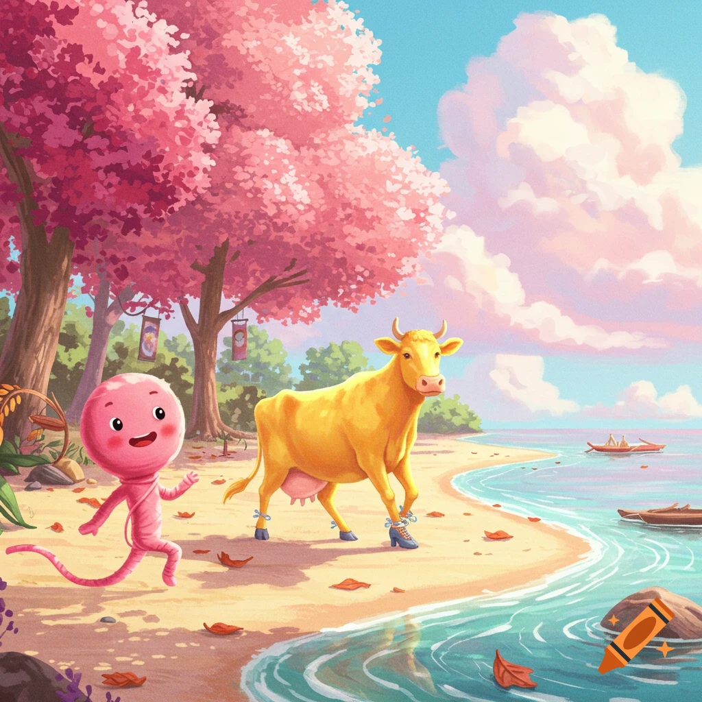 A cheerful pink character with a tail runs on a sunny beach next to a yellow cow wearing blue high heels, under pink cherry blossom trees.