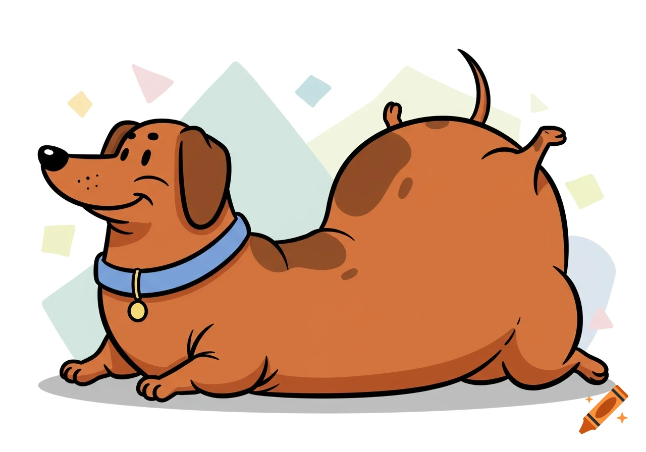 A simplistic cartoon of a dachshund with a huge, rotund belly, lying on its stomach with its back legs up.