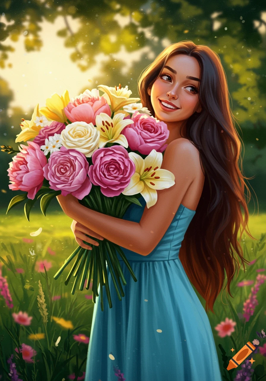 A smiling young woman in a blue dress holds a large bouquet of pink, yellow, and white flowers in a sunny field, digital art.