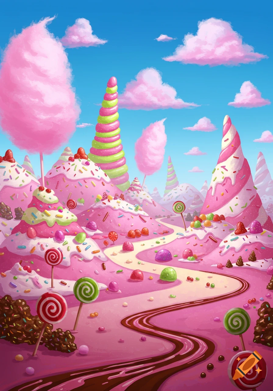 Colorful, whimsical candy mountain landscape with pink peaks, lollipops, a chocolate river, and cotton candy trees under a blue sky.