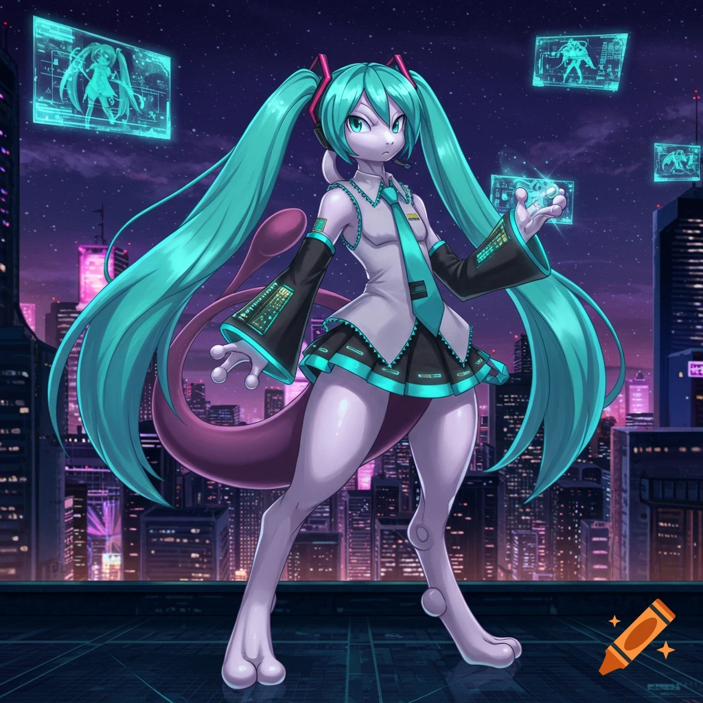 Mewtwo in a Hatsune Miku cosplay stands on a futuristic city rooftop at night, holding a glowing orb, with holographic screens.