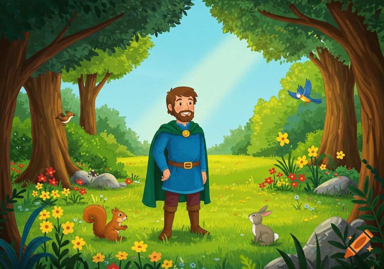 Smiling bearded king in blue tunic and green cape stands in a vibrant forest clearing with animals and colorful flowers, in a children's illustration style.