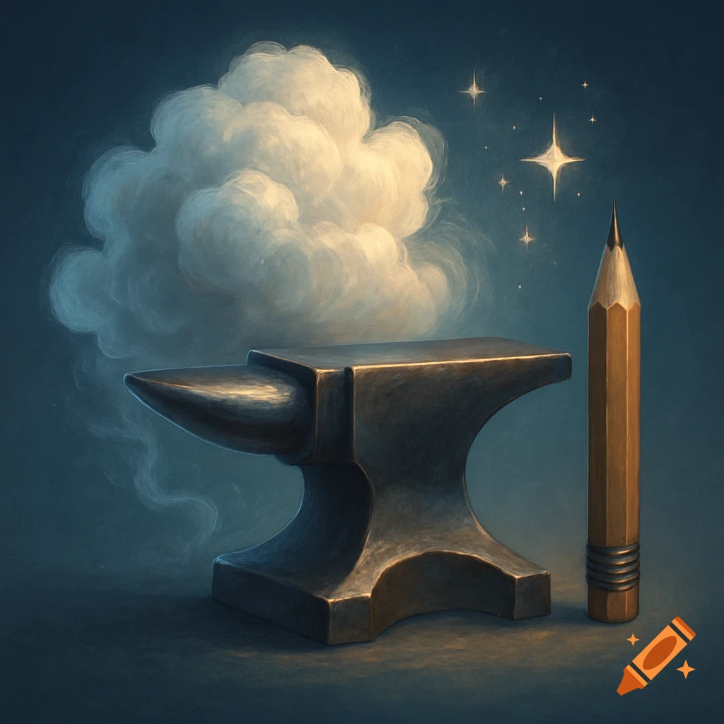 A stylized dark metal anvil stands next to a large wooden pencil, with a fluffy white cloud behind the anvil and sparkling stars in a dark blue sky.