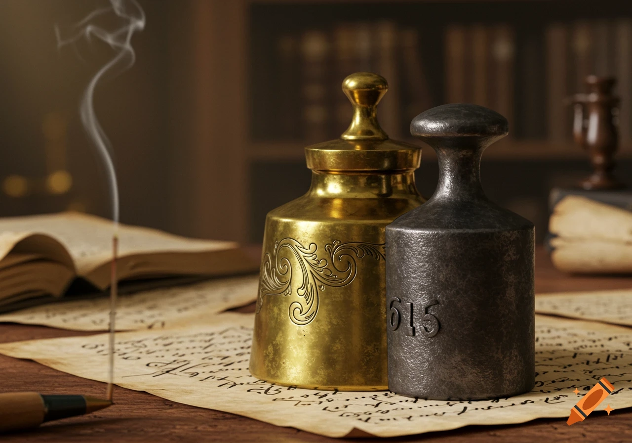 A photorealistic still life features an ornate brass lidded pot and a dark metal weight marked "615" on old script papers, with a smoking incense stick and pen. Books are blurred in the background.