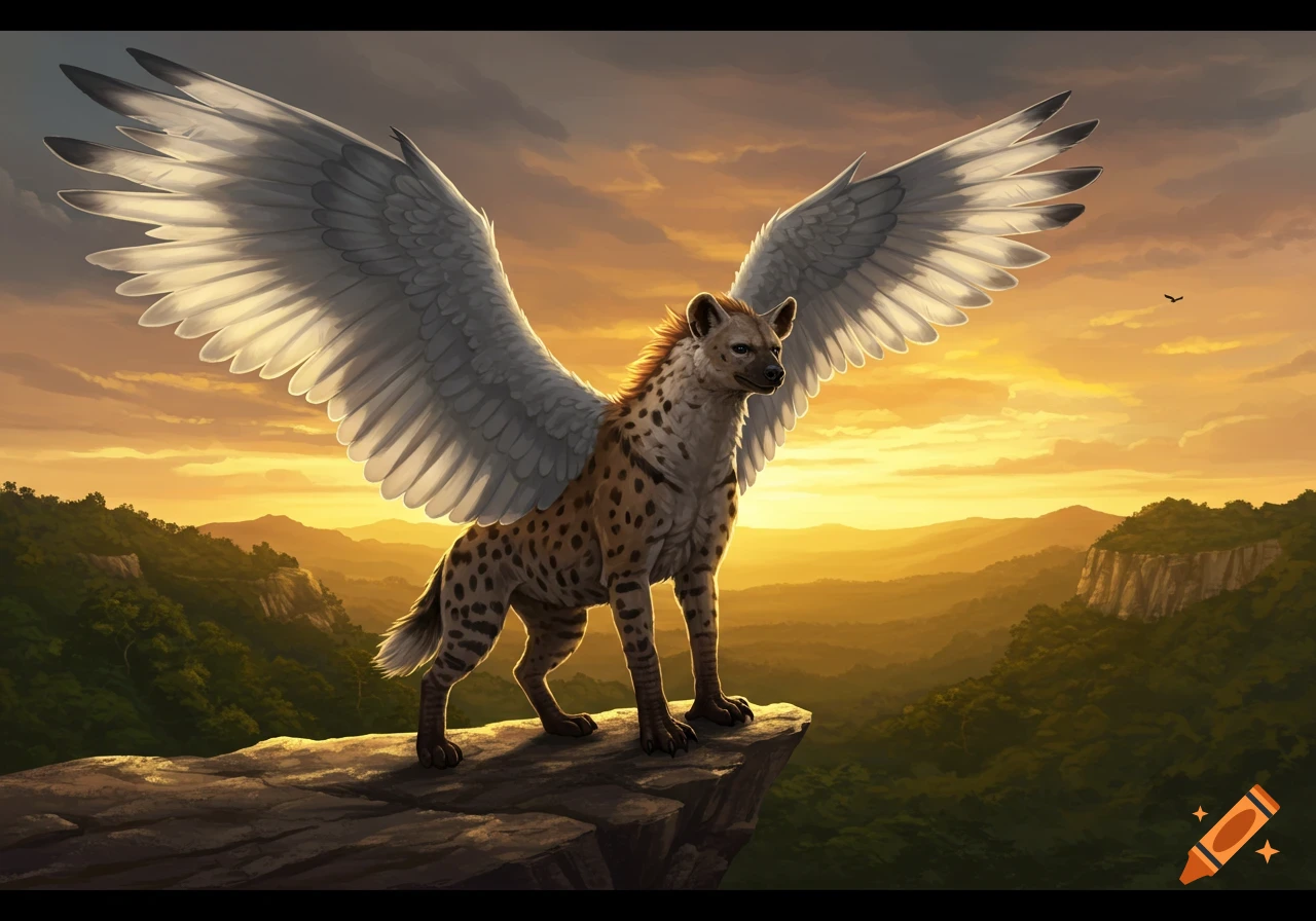 A winged hyena-like creature with large gray wings stands on a cliff overlooking a vast golden sunset landscape.