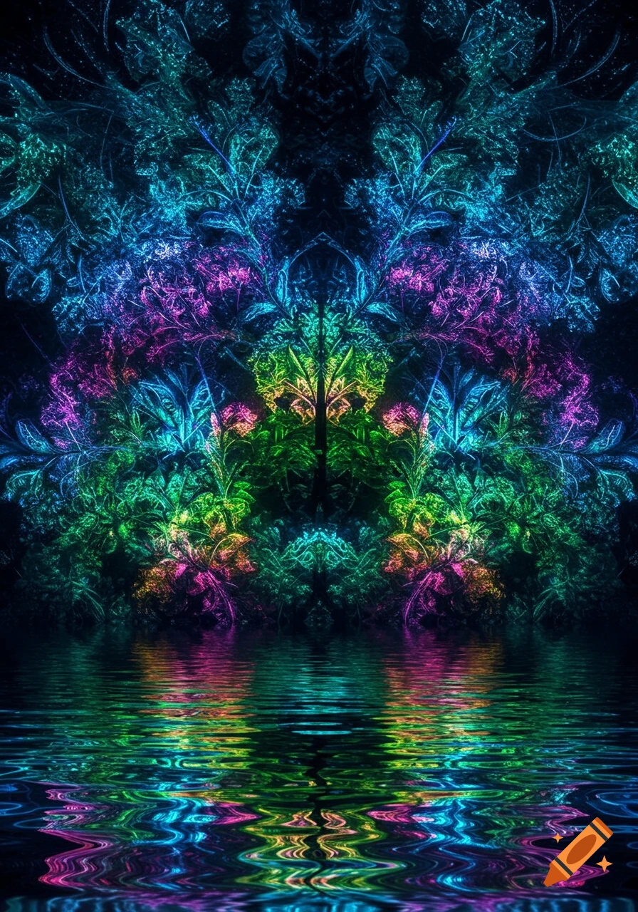 Abstract symmetric pattern of glowing neon fractal foliage in vibrant blue, green, pink, and yellow reflected in rippling water.