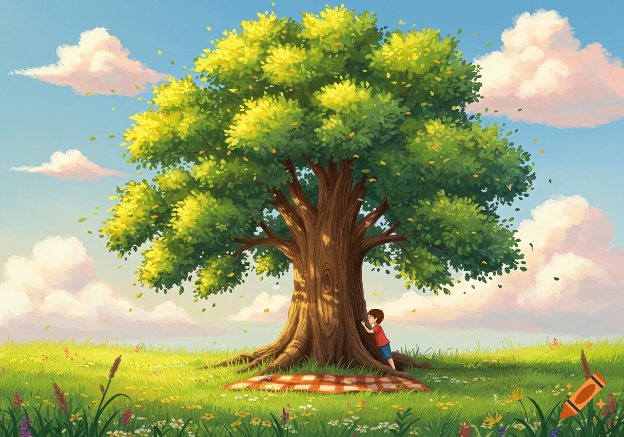 Illustrated scene of a child leaning against a large green tree in a sunny field with a picnic blanket. Storybook style.