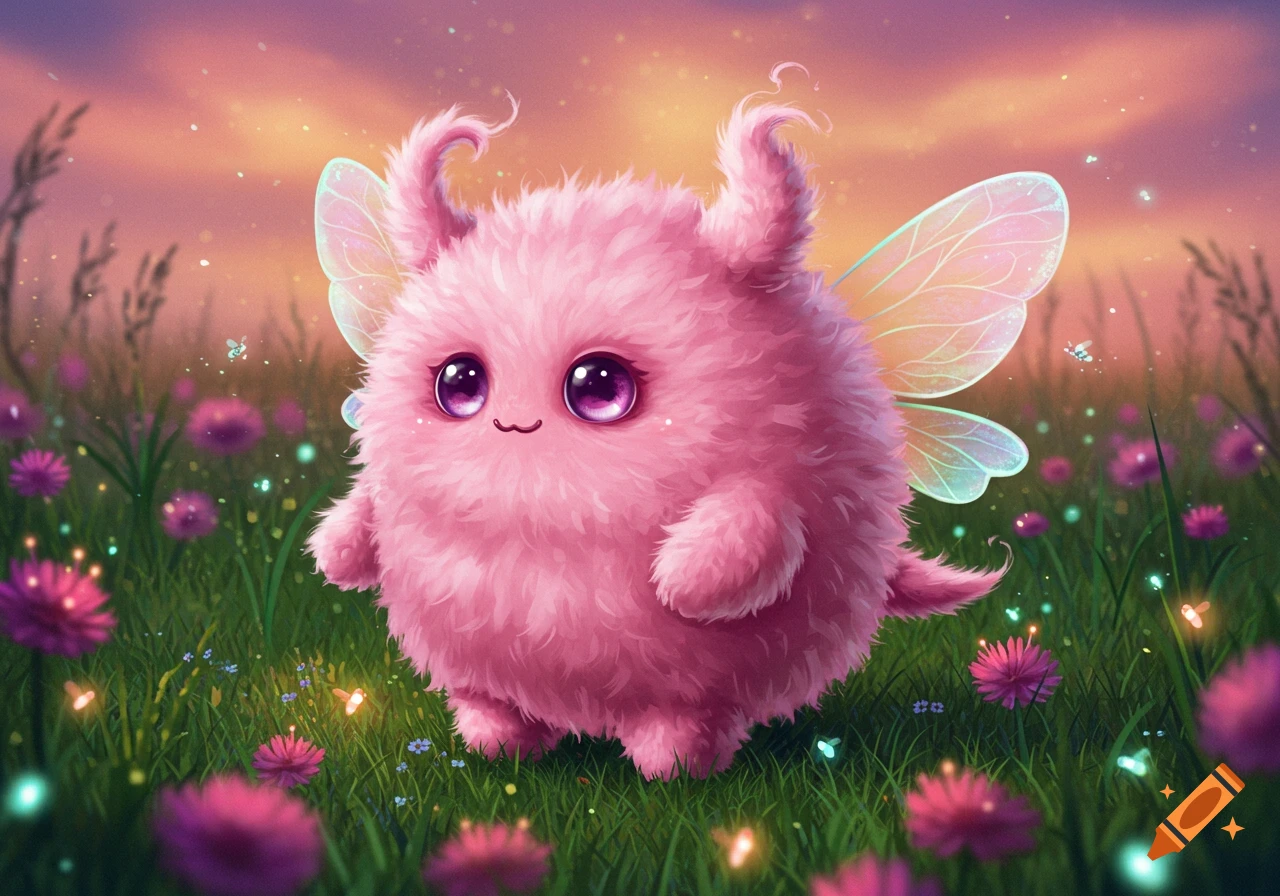 A fluffy pink monster with large purple eyes and translucent wings stands in a field of purple flowers with fireflies at sunset.