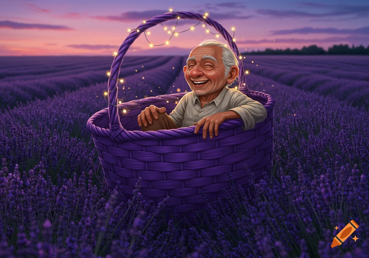 An illustration of a happy old man with white hair sitting in a purple basket adorned with fairy lights in a vast lavender field at sunset.