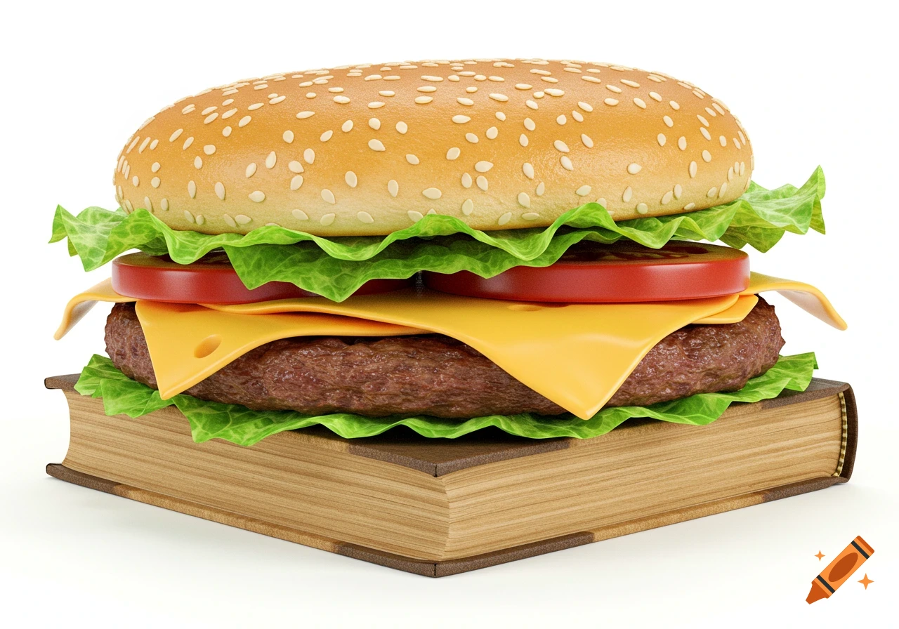 A photorealistic burger with a sesame bun, lettuce, cheese, and tomatoes, with a thick brown book replacing the meat patty, on a white background.