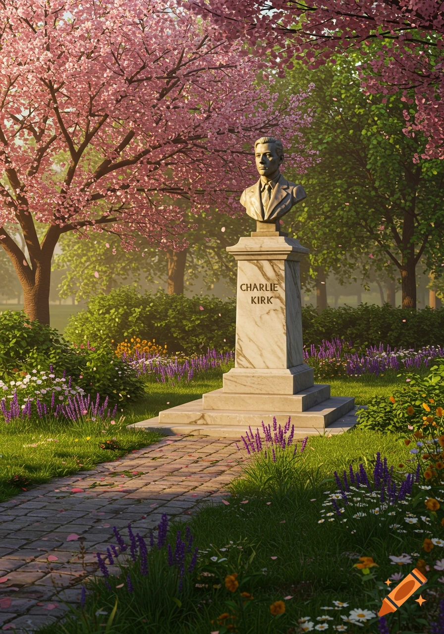 A photorealistic memorial bust of Charlie Kirk on a marble pedestal in a vibrant spring park with pink cherry blossoms, purple flowers, and a cobblestone path.