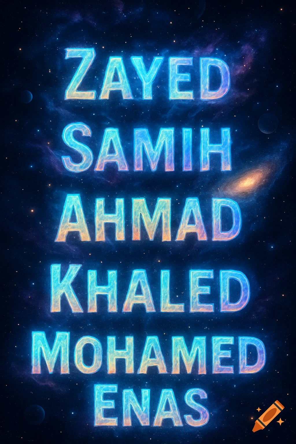 Glowing blue and orange names ZAYED, SAMIH, AHMAD, KHALED, MOHAMED, ENAS stacked in a dark cosmic space with stars and nebulas.