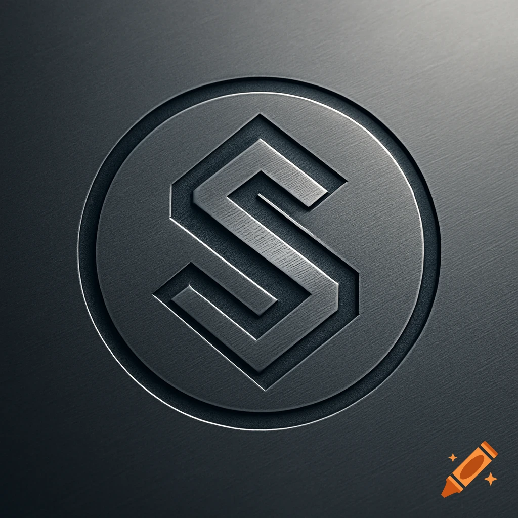 A metallic, engraved stylized letter 'S' logo on a dark, brushed metal background.