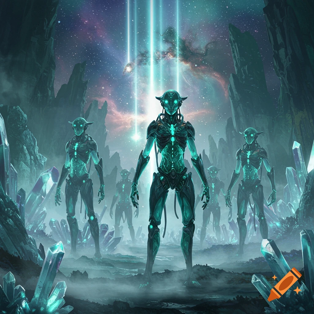 Glowing teal alien robots stand among jagged crystals in a misty cavern under a starry sky with light beams.
