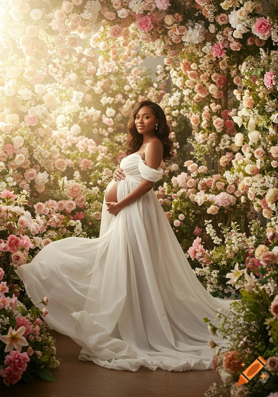 A smiling pregnant woman in a white off-the-shoulder dress poses in a lush garden filled with pink and white roses, looking at the viewer.