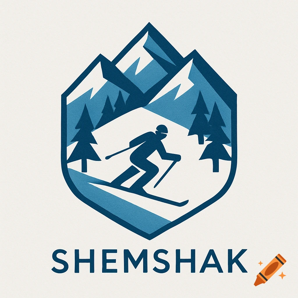 A blue and white hexagonal logo featuring a skier, pine trees, and mountains, with "SHEMSHAK" text below.