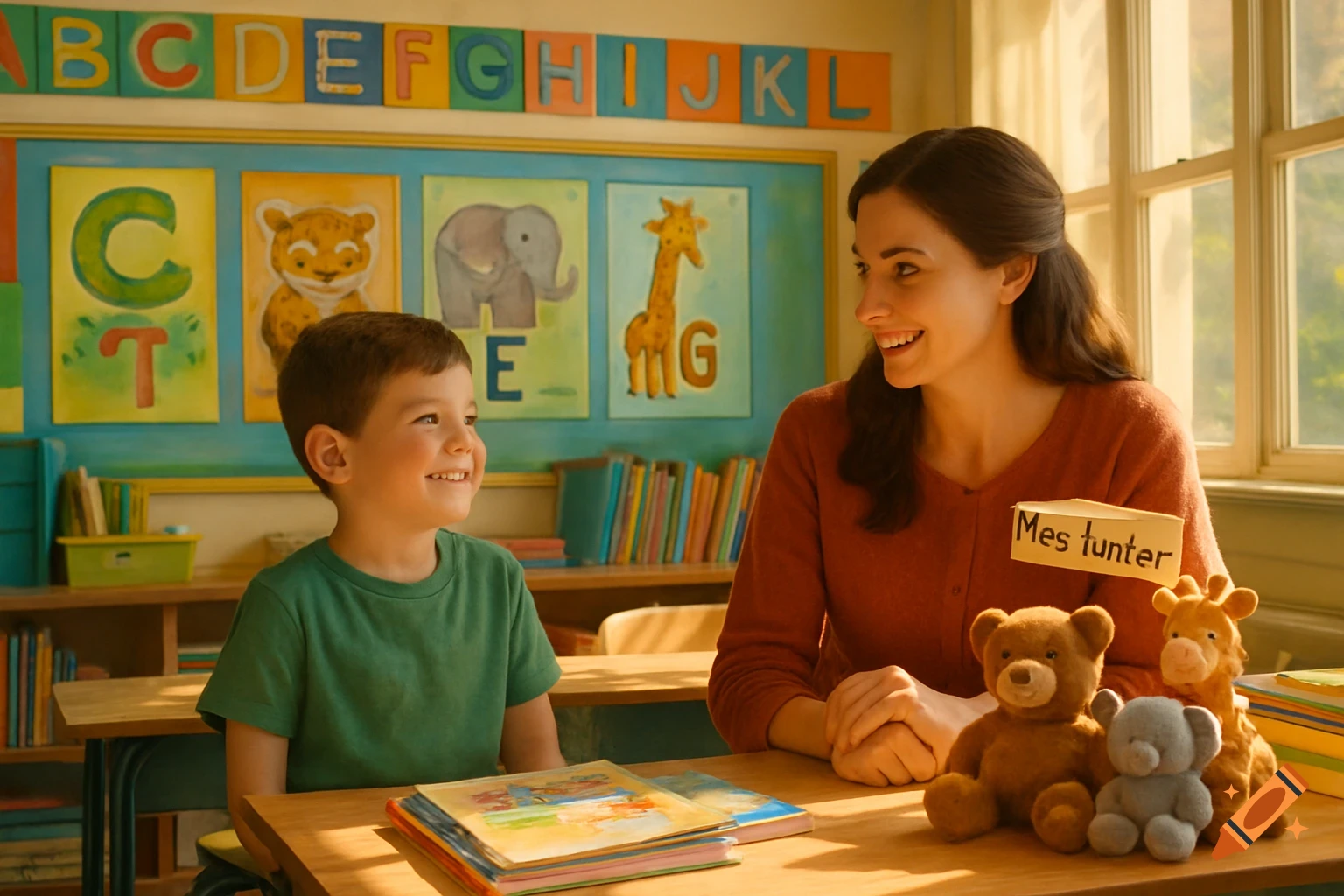 A young boy smiles at his teacher in a colorful classroom adorned with alphabet and animal posters, books, and stuffed animals.