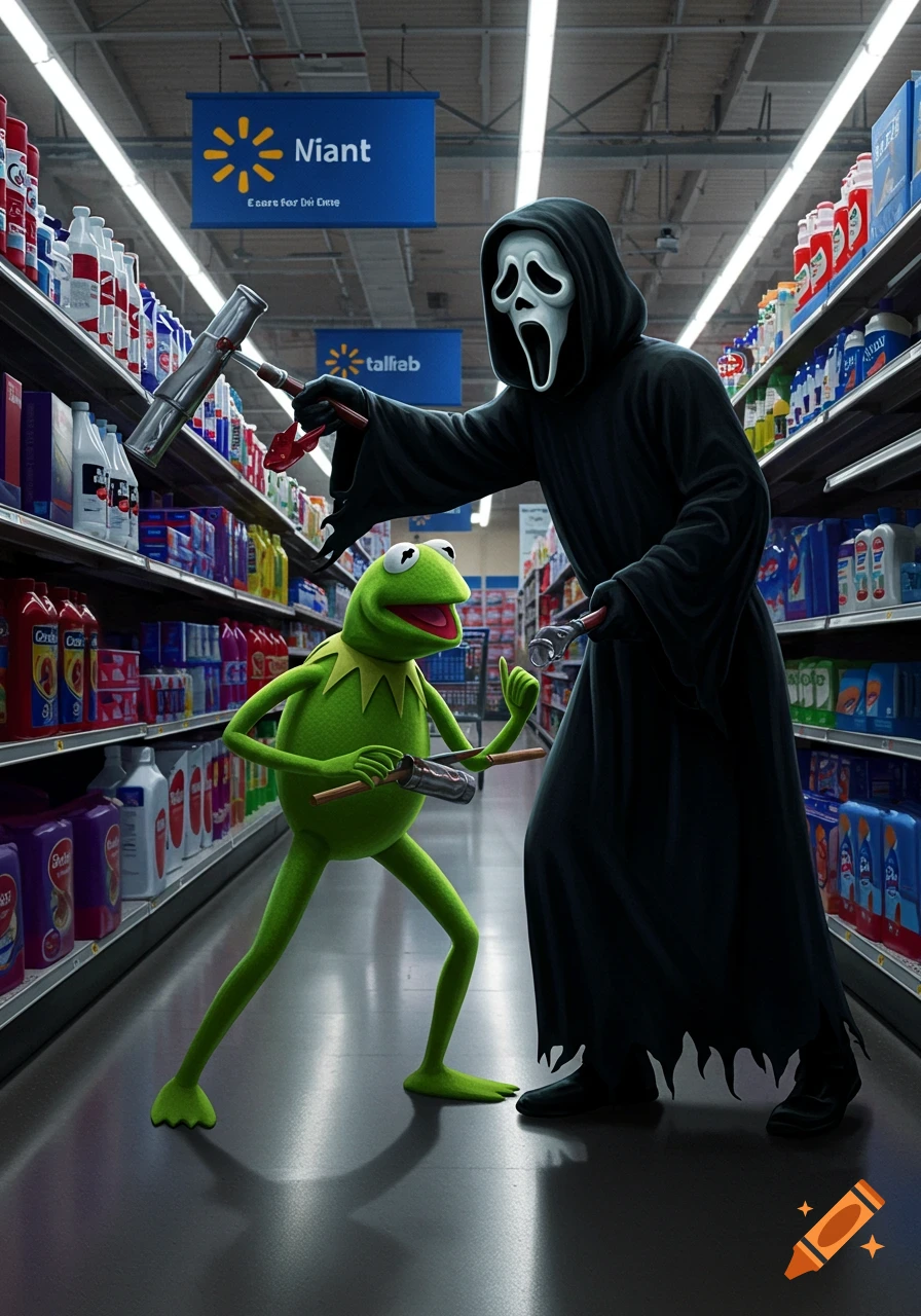 Ghostface from Scream and Kermit the Frog comically fight with household items in a supermarket aisle.
