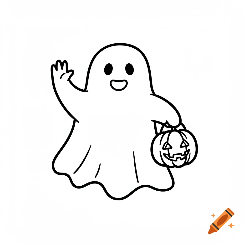 A friendly, smiling ghost waves, holding a jack-o'-lantern bucket in a simple black and white line art style.
