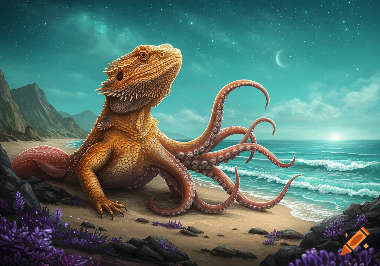A bearded dragon-squid hybrid creature sits on a sandy beach with purple plants, facing the teal ocean and a starry night sky with a crescent moon.