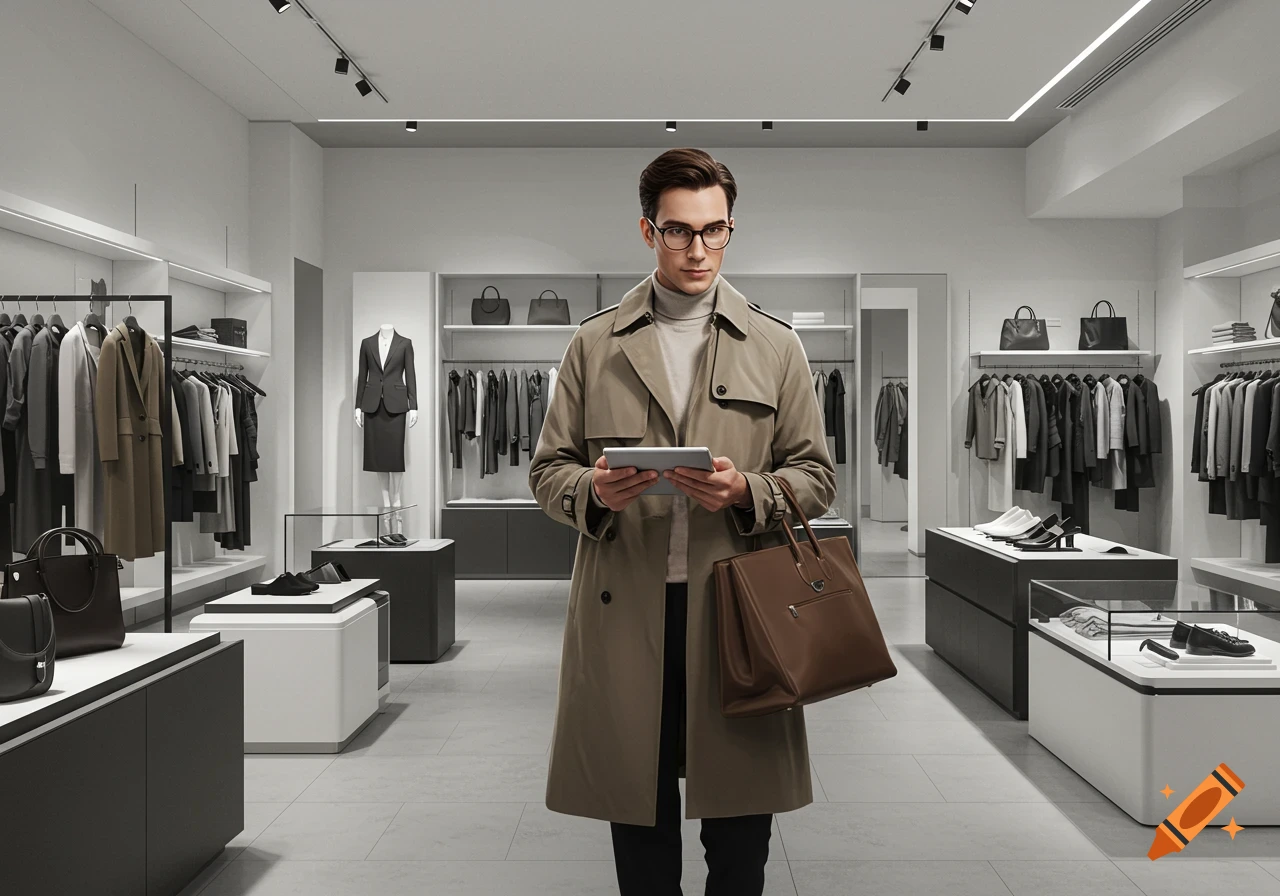 A stylish man in a trench coat holds a tablet and a brown bag inside a modern, minimalist clothing store.