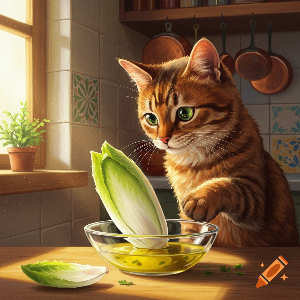 An orange tabby cat looks curiously at a chicory in a glass bowl of liquid on a sunlit kitchen counter. A chicory leaf lies nearby.