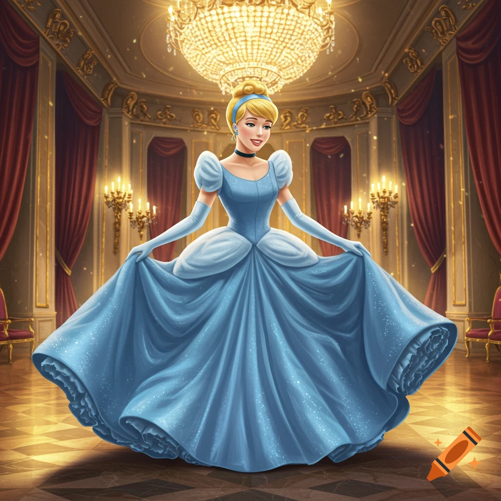 Disney's Cinderella in a sparkling blue ball gown poses in a grand ballroom with a glittering chandelier.