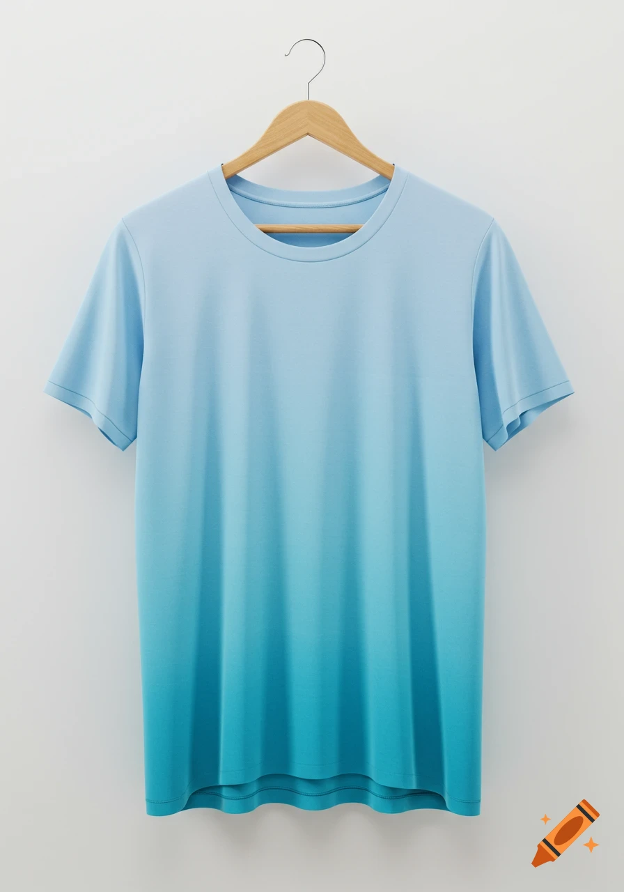 A light blue to teal gradient t-shirt hanging on a wooden hanger against a white background.