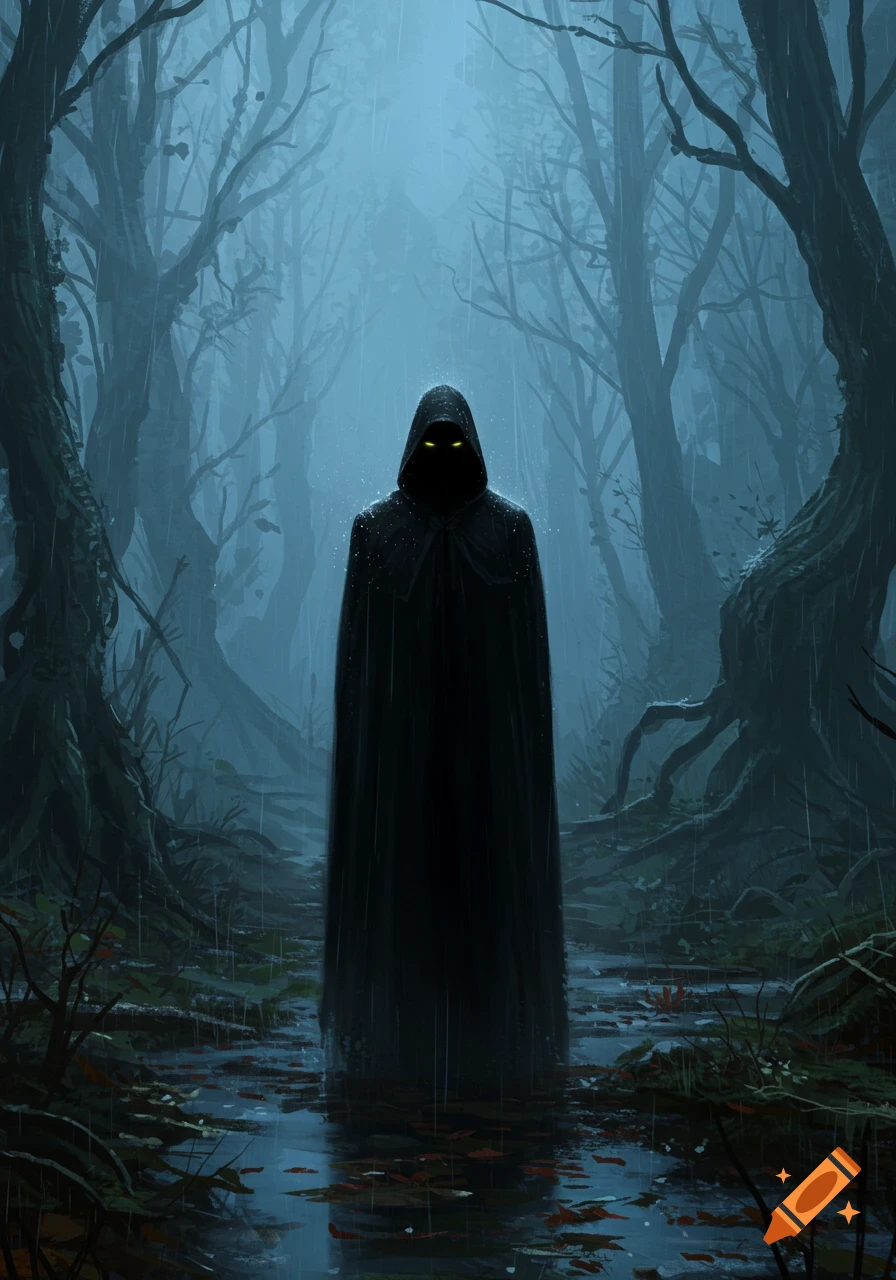 A dark hooded figure with glowing yellow eyes stands in a moody, rainy, blue-toned forest.
