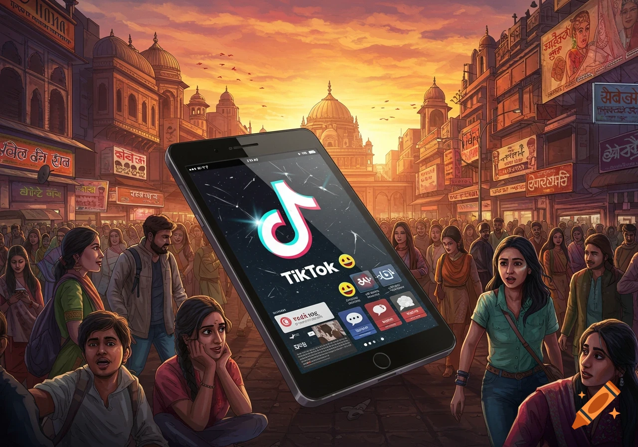A vibrant, crowded Indian street scene at sunset, with a large smartphone displaying the TikTok logo floating above the street as people watch.