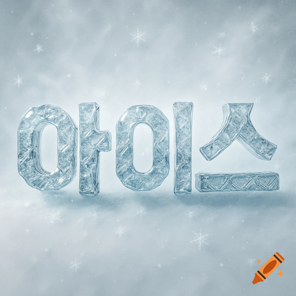 The Korean word for "ice" (아이스) rendered in frosty, detailed ice letters against a snowy, light blue background with faint snowflakes.
