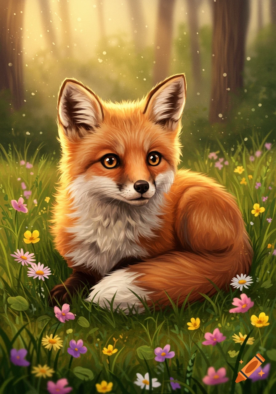 A cute, fluffy red fox with large ears and golden eyes sits in a vibrant green meadow filled with colorful wildflowers, with trees in the background, in a digital painting style.