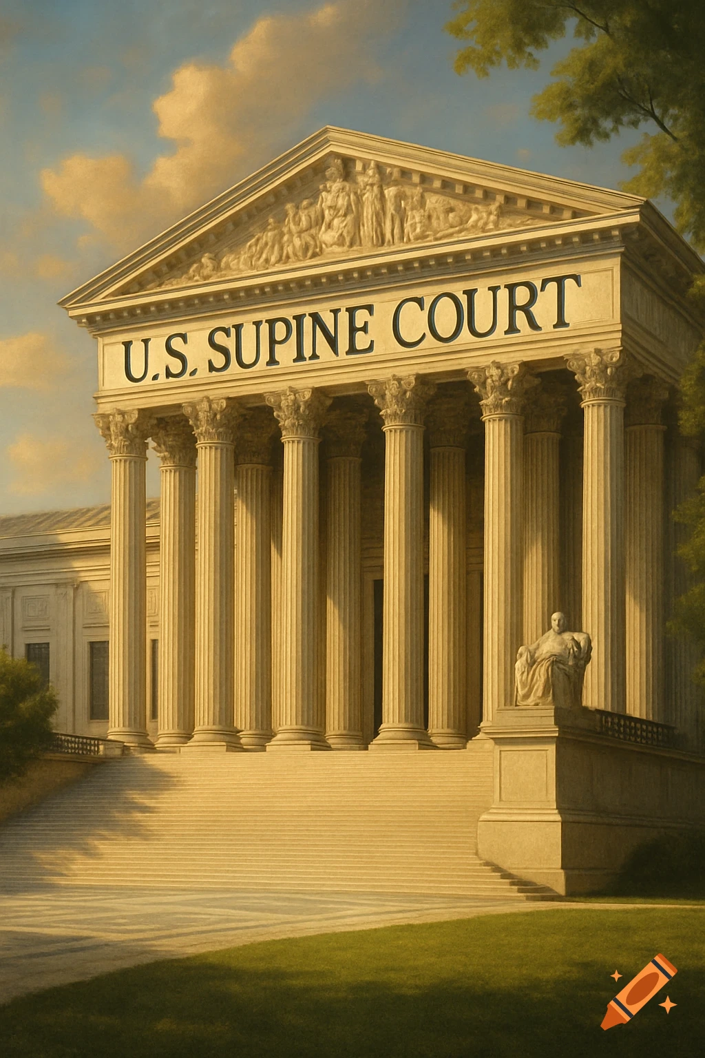 A painting of a grand neoclassical government building with columns, a pediment, and a statue, featuring the text "U.S. SUPINE COURT" on its facade.