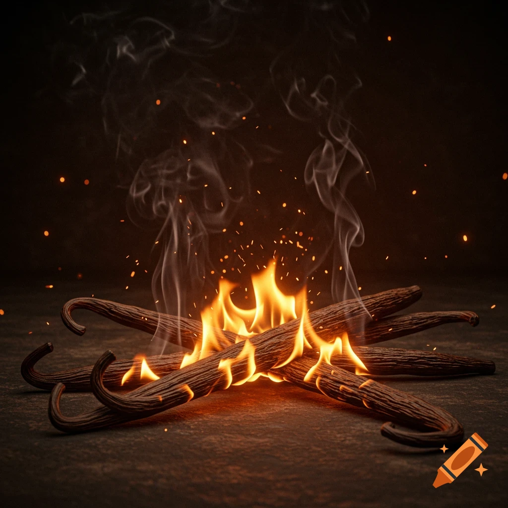 Several vanilla beans burning with flames and smoke on a dark surface, photorealistic.