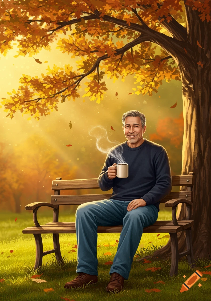 A smiling man with gray hair sits on a wooden bench under a golden autumn tree, holding a steaming coffee cup in a park setting.