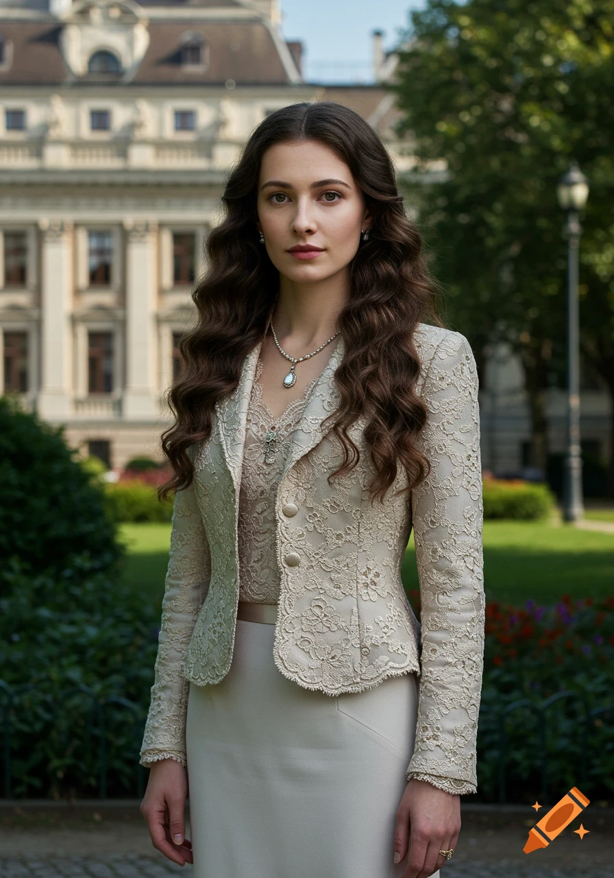 Photorealistic portrait of a young woman with long dark wavy hair, wearing an elegant lace jacket, standing in a park before a classical building.