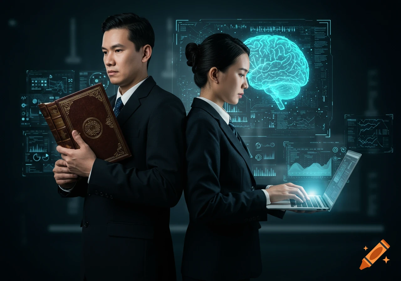 Two professionals back-to-back, one with a law book, the other with a laptop, in front of a futuristic AI interface with a digital brain. Photorealistic style.